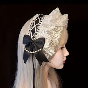 Gothic Lolita Lace Bonnet Headpiece Black Satin Bow Pearl Chain White Lace